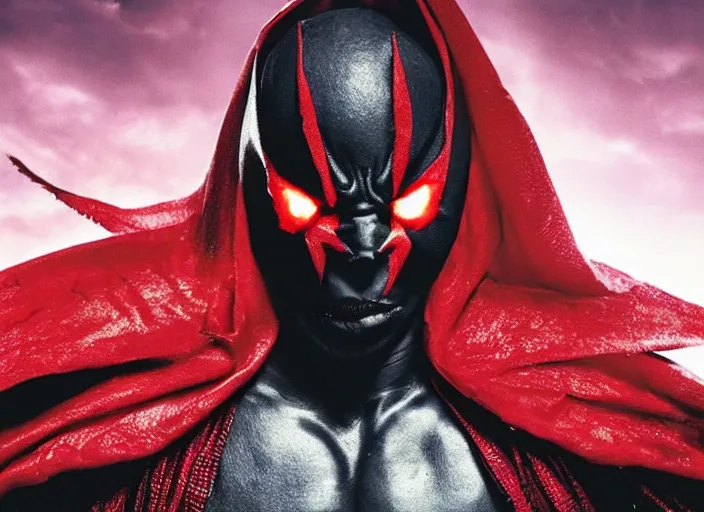 Image similar to film still of michael b jordan as spawn in the new spawn movie, giant chains, large cape, 8 k