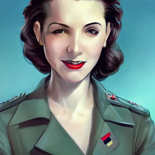 Image similar to smiling, happy, beautiful, intelligent, powerful, female ww 2 pilot, 2 9 years old, loving eyes, fully clothed, wise, beautiful, dramatic lighting, sharp focus, by stanley artgerm, dramatic lighting, trending on artstation, flat colour, geometric curves, gradient filter, art deco patterns