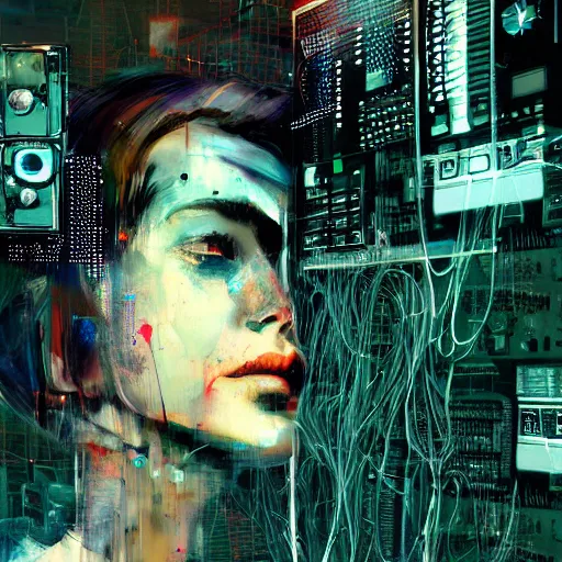 Prompt: beautiful young cybernoir woman vr dreaming in a glitchcore world of wires, and machines, by jeremy mann, francis bacon and agnes cecile, and dave mckean ink drips, paint smears, digital glitches glitchart