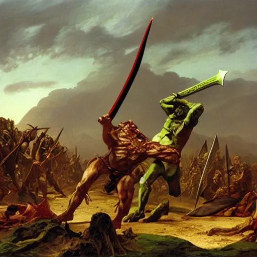 Image similar to matte painting, realistic art, dog - faced muscular goblin, ugly face, lizard tail, holding scimitar made of bone, scimitar, sword, jagged sword, curved sword, orkish sword, colorized, green skin, red sky, wasteland, hyper - detailed, primeval fantasy, prehistoric fantasy, art by jacques - louis david