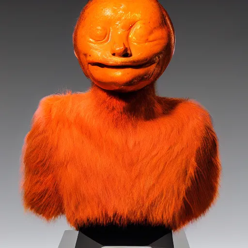 Image similar to a taxidermized humanaized orange, in a museum, portrait, sad eyes