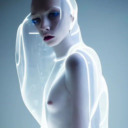 Prompt: high fashion photography of a model in neo futurism white sci - fi transparent cloth, beautifully lit