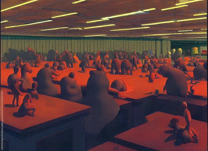 Image similar to crowd of fat people in Amazon fulfillment flooded warehouse Edward Hopper and James Gilleard, Zdzislaw Beksinski, highly detailed