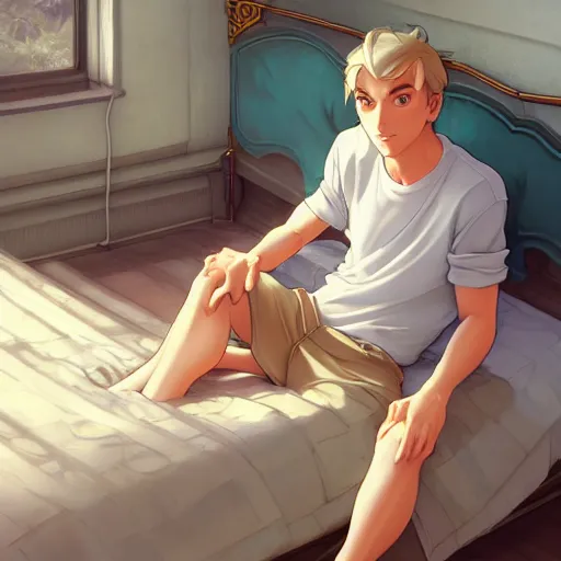 Image similar to young man with short, ash blond greyish hair, light brown eyes, casual clothes, hanging out on a bed, path traced, highly detailed, high quality, digital painting, by don bluth and ross tran and studio ghibli and alphonse mucha, sylvain sarrailh