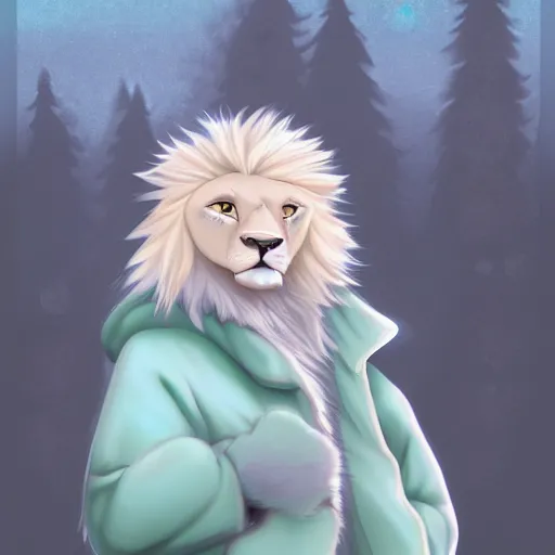 Prompt: aesthetic portrait commission of a albino male furry anthro lion wearing a cute mint colored cozy soft pastel winter outfit, winter atmosphere. character design by chunie, kristakeshi, sigmax