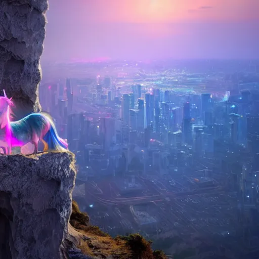 Image similar to a iridescent unicorn looking off a cliff overlooking a city covered in toxic smog, ultra realistic, concept art, intricate details, highly detailed, photorealistic, octane render, 8 k, fantasy art