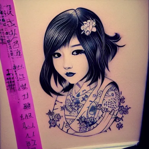 Prompt: tattoo design, stencil, traditional Japanese, beautiful portrait of a girl by artgerm, artgerm