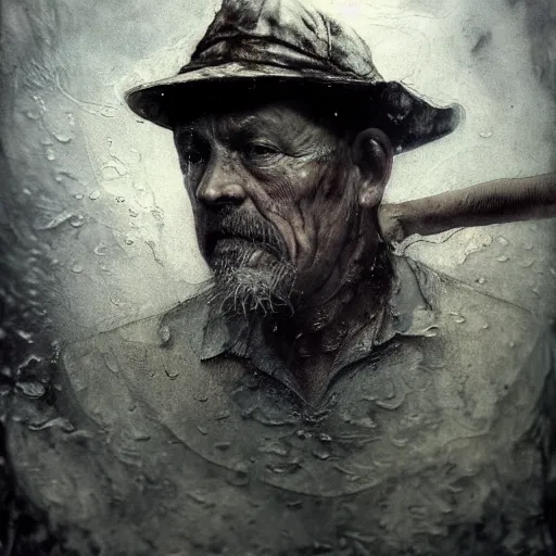 Image similar to wet collodion photography of innsmouth dweller mutant fisherman sailor old man with gills and scales creatures from the deep ocean by emil melmoth zdzislaw beksinki craig mullins yoji shinkawa realistic render ominous detailed photo atmospheric by jeremy mann francis bacon and agnes cecile ink drips paint smears digital glitches glitchart