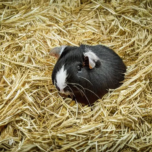 Prompt: a guinea pig with white wings flying above a field of hay,