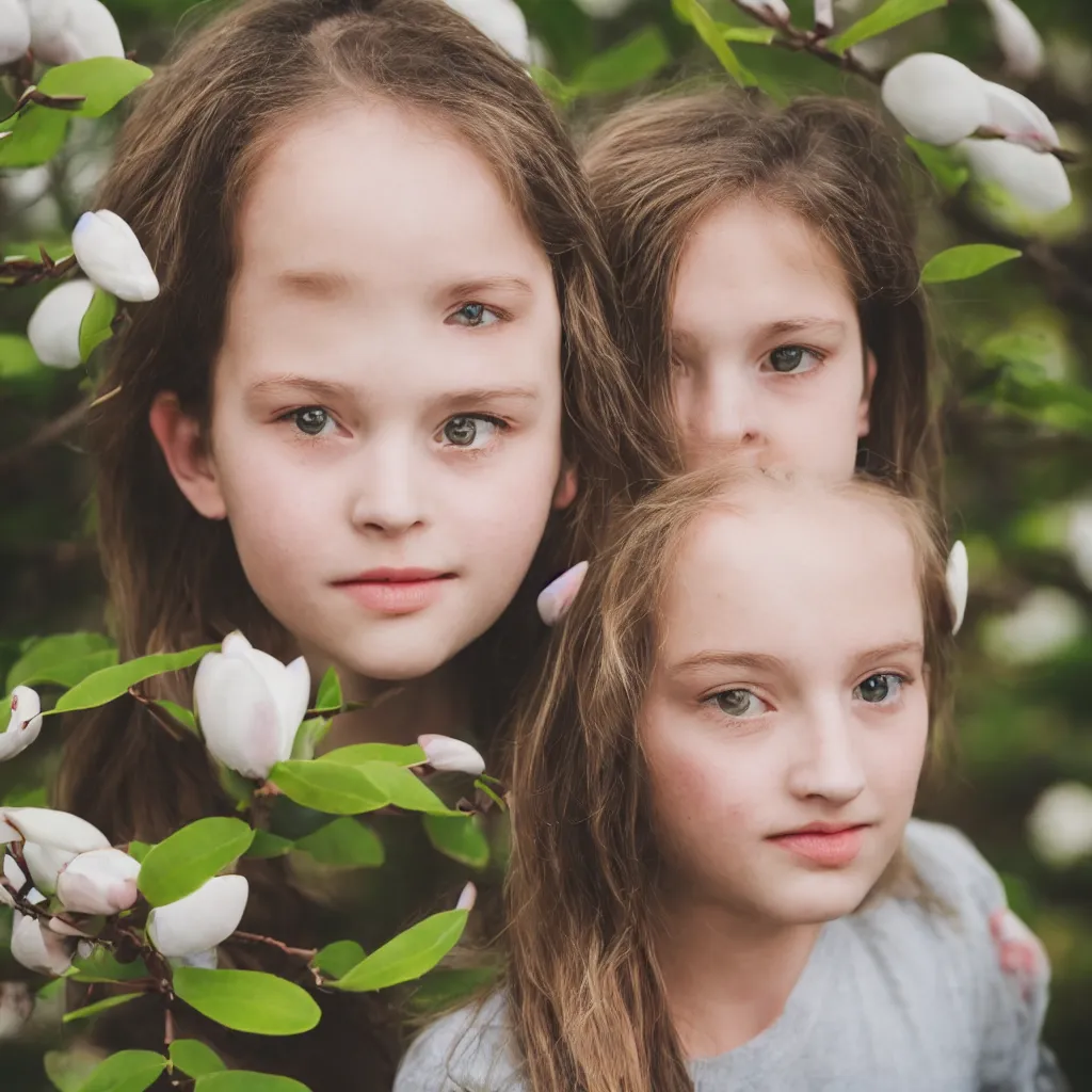 Image similar to a girl portrait with a magnolia near the face, 8 5 mm lens, bokeh