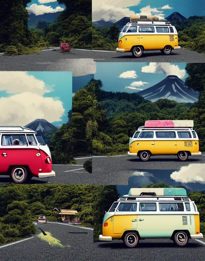 Image similar to vw camper touring rural japan, a collage painting, in the style of wes anderson, lola dupre, david hockney, isolated on negative white space background dark monochrome fluorescent spraypaint accents volumetric octane render, no double figure