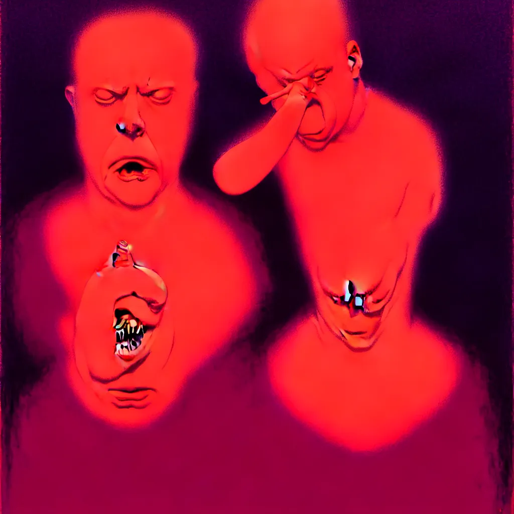 Image similar to weird and disturbing portrait of todd solondz puking blood, todd solondz, vivid colors, neon, art by ( ( ( kuvshinov ilya ) ) ) and wayne barlowe and francis bacon and artgerm and wlop and william - adolphe bouguereau