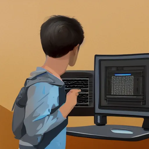 Image similar to kid looking at you standing next to an old computer monitor, trending on artstation