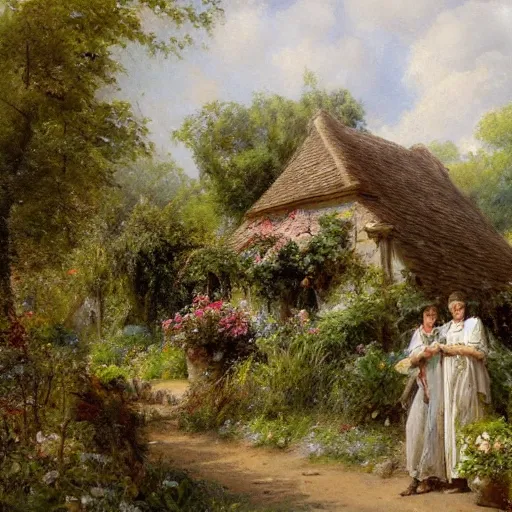 Image similar to remove people. no people. no figures. jean-Baptiste Monge and Solomon Joseph Solomon and Richard Schmid and Jeremy Lipking victorian genre painting portrait painting of an english country cottage with a stone path and flower garden