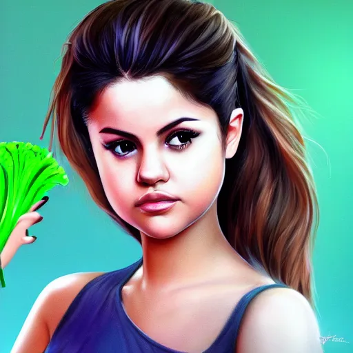 Image similar to photorealistic digital painting of selena gomez as celery, hd, artstation, 4 k wallpaper