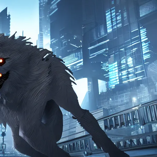 Image similar to robotic werewolf in a futuristic city, ultra detail, unreal engine, 8 k