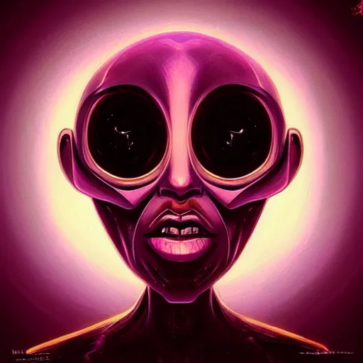 Prompt: “flawless painting of weird alien with diamond neon eyes, ultra detailed face and eyes, ancient symbols by concept art, horror art, sci-fi, HD Artstation”