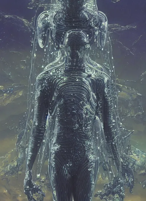 Image similar to transparent astronauts in dark underwater void - complex and hyperdetailed suit. reflection and dispersion materials. rays and dispersion of light. glowing lights. volumetric light. f / 3 2. noise film photo. flash photography. ultra realistic, wide angle. poster by wayne barlowe, hajime sorayama aaron horkey, craig mullins