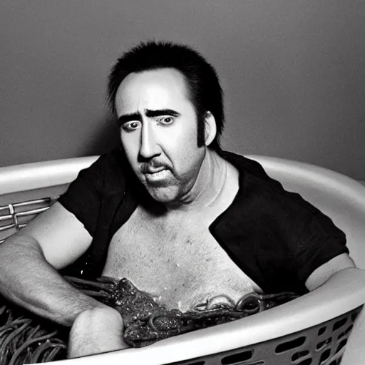 Prompt: nicolas cage sitting in a tub filled with spaghetti bolognese
