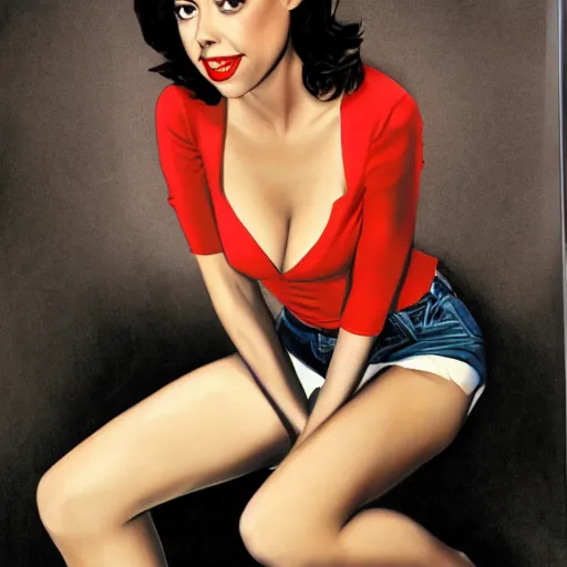 Image similar to aubrey plaza pinup, art by michael miller