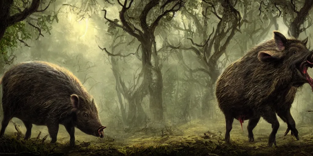 Image similar to giant wild boar with bloody eyes and many tusks, in dark woods, dim colors, forest, highly detailed illustration, masterpiece, fantasy, magical, hyperdetailed, realistic, witch fairytale, 4 k, 8 k, highly detailed matte painting, dungeons and dragons