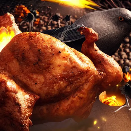 Image similar to Big dark person destroying chicken world, hyper realistic, 4k, high detailed, octane rader