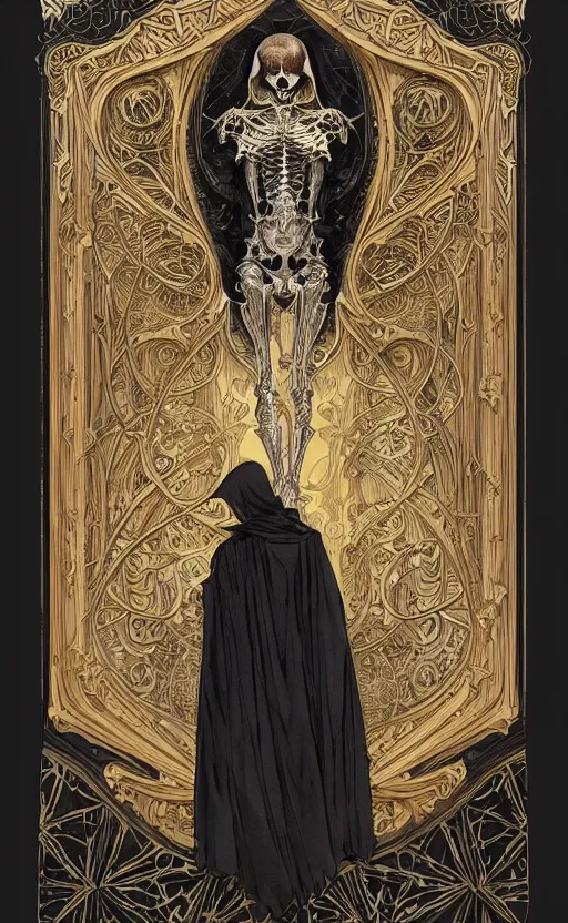 Image similar to a skeleton in a black cloak, highly detailed, very intricate, art nouveau, gold filigree, left right symmetry, tarot concept art watercolor illustration by mandy jurgens and alphonse mucha and alena aenami, featured on artstation