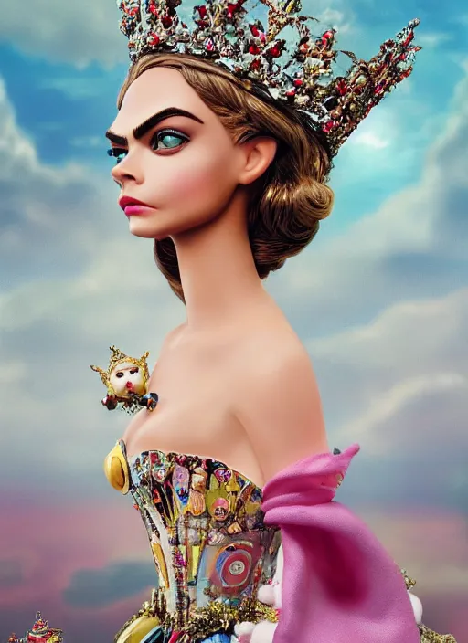 Image similar to closeup face profile portrait of a tin toy cara delevingne as a fairytale princess wearing a crown with tin bunnies, bikini, depth of field, zeiss lens, detailed, symmetrical, centered, fashion photoshoot, by nicoletta ceccoli, mark ryden, lostfish, breathtaking, 8 k resolution, extremely detailed, beautiful, establishing shot, artistic, hyperrealistic, octane render