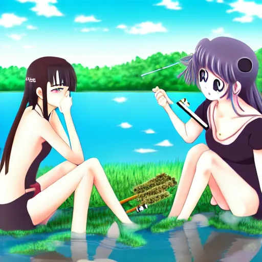 Image similar to two beautiful lesbian girls in love, smoking a hemp cigarette in front of a lake, in the style of anime, pixiv, intricate, elegant, highly detailed, lush, stylized, japanese, smooth