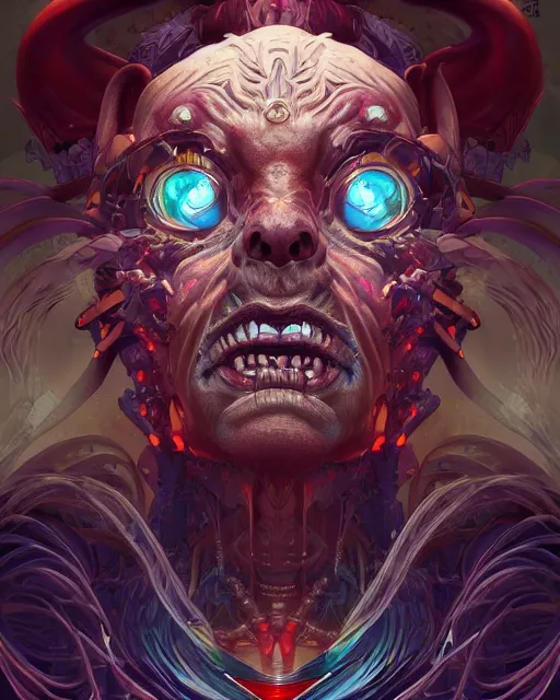 Prompt: a stunning portrait of the demonic cyborg deity, digital art by Dan Mumford and Peter Mohrbacher and Ross Tran, intricate detail, trending on artstationhq