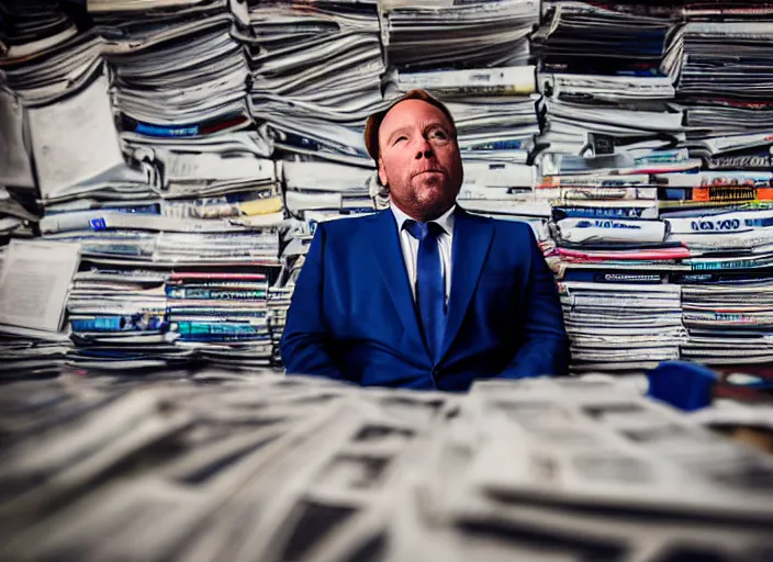 Prompt: dslr photo still of infowars host alex jones in a blue suit sitting depressed in a room filled to the ceiling with newspapers, 5 2 mm f 5. 6