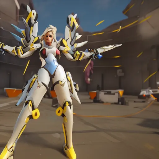 Image similar to mercy from overwatch flying above her team healing them as they push the payload across the map, unreal engine 5 4 k