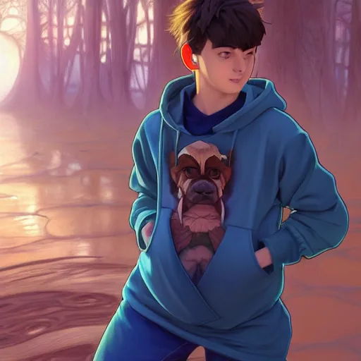 Image similar to teen boy with short brown hair and big blue eyes, wearing a hoodie, path traced, highly detailed, high quality, digital painting, by don bluth and ross tran and studio ghibli and alphonse mucha, artgerm, tankoban, 4 k, fantasy painting, pixar animation style, rossdraws, wlop, sylvain sarrailh