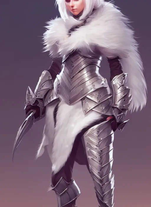 Image similar to fur - lined armor!!! beautiful and elegant white haired female!! gorgeous ayes!! character concept art, sharp focus, octane render! unreal engine 5! highly rendered!! trending on artstation!! detailed linework!! illustration by bussiere rutkowski andreas rocha