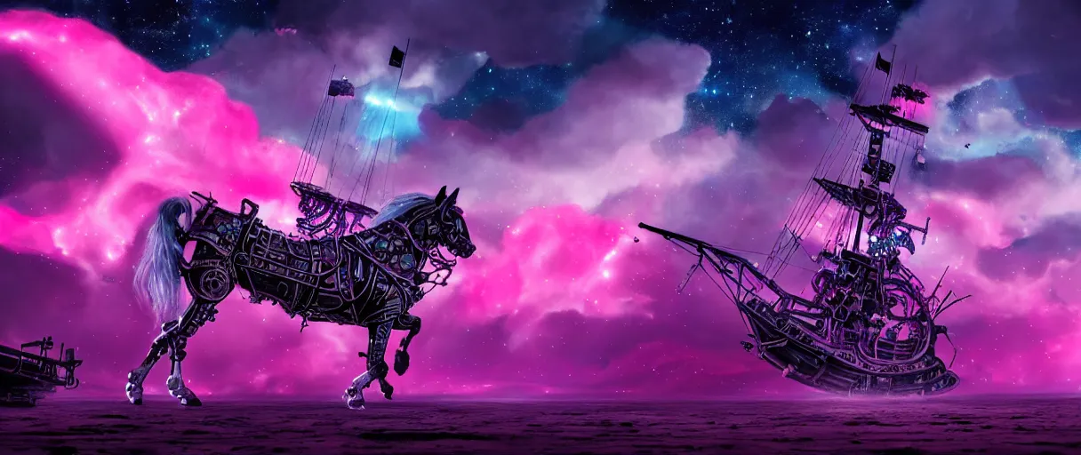 Image similar to space, a horse - drawn, a mechanical horse with a pink mohawk drives a pirate spaceship, punk, hyperdetailed illustration, stars, pink, neon, oil painting, rich deep colors masterpiece, pirate neon ship, ultra detailed, contrast, heaven pink, clouds, volumetric light, atmospheric lighting, dramatic, cinematic, moody, octane render 4 k, 8 k