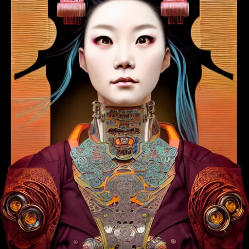 Image similar to a portrait of a female cyberpunk machine, machine face, upper half portrait, decorated with chinese opera motifs, asian, fine china, wuxia, traditional chinese art, intricate, elegant, highly detailed, symmetry, headpiece, digital painting, artstation concept art smooth sharp focus, illustration, art by artgerm and greg rutkowski alphonse mucha 8 k