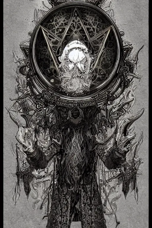 Prompt: a study of cell shaded illustration of a ornate a wizard, golden ratio, post grunge screen print poster, blank ink, character concept art by Miles Tsang, highly detailed, sharp focus, Artstation, deviantart, artgem