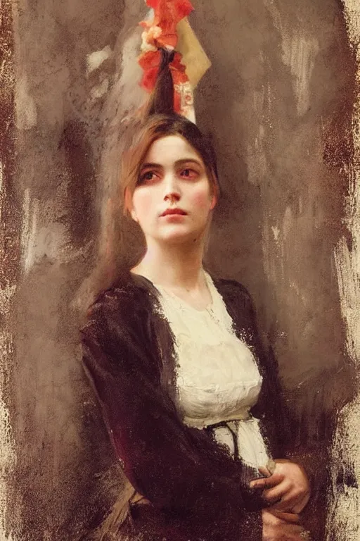 Image similar to Solomon Joseph Solomon and Richard Schmid and Jeremy Lipking victorian genre painting full length portrait painting of a young beautiful woman victorian german bar maid