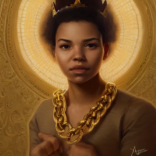 Prompt: highly detailed portrait of an drake hitting on your mom wearing a gold crown and gold chains, realistic portrait, symmetrical, highly detailed, digital painting, artstation, concept art, smooth, sharp focus, illustration, cinematic lighting, art by artgerm and greg rutkowski and alphonse mucha