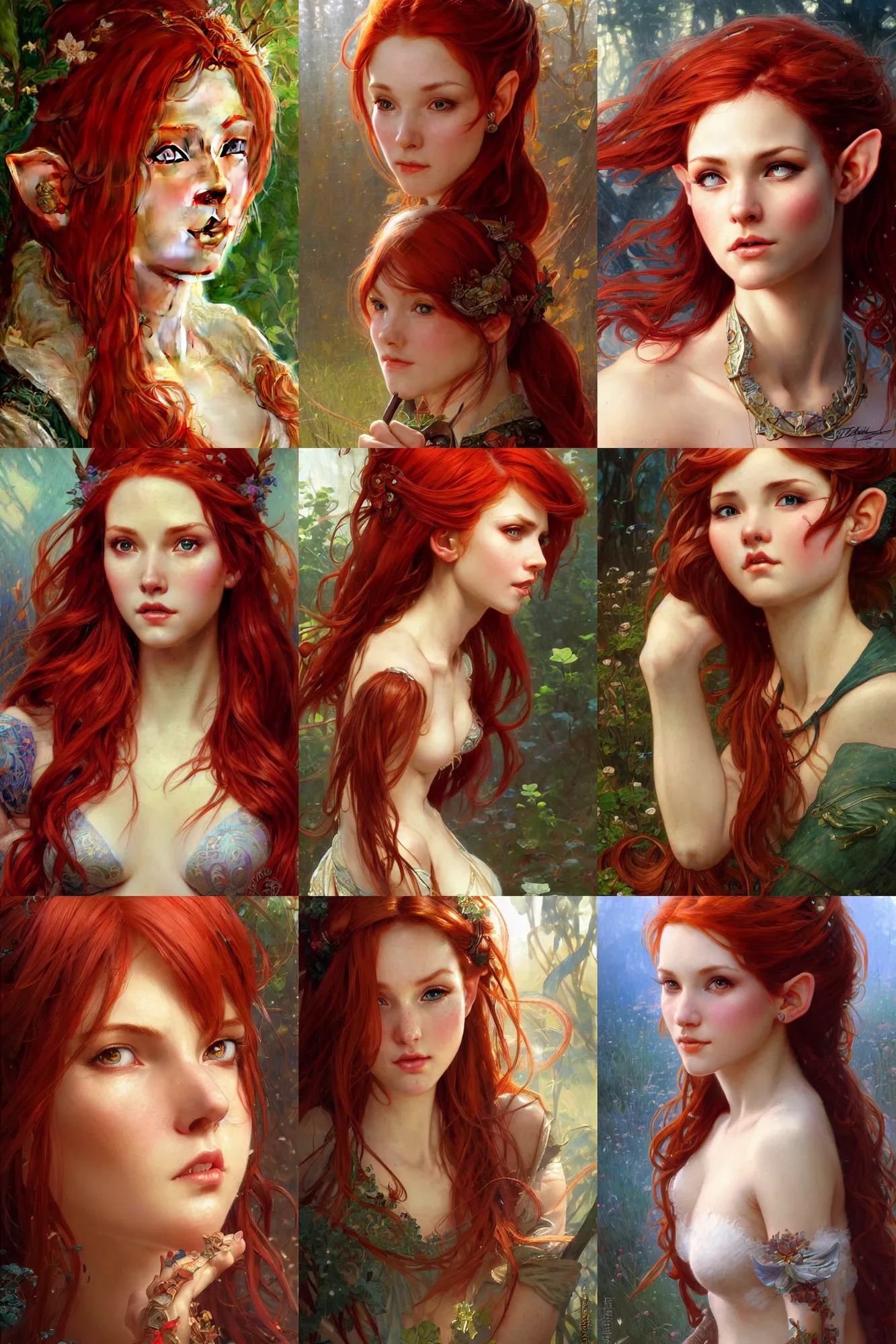 Prompt: alluring highly detailed closeup portrait of pretty elf girl with red hair, very detailed, realistic, by Stanley Artgerm Lau, greg rutkowski, thomas kindkade, alphonse mucha, loish, norman rockwell J.