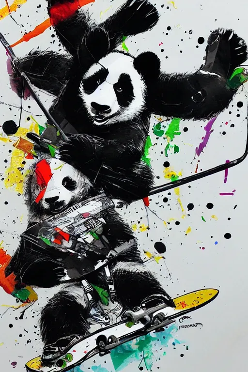 Image similar to a panda riding a skateboard in the style of yoji shinkawa and ashley wood, splatters, detailed