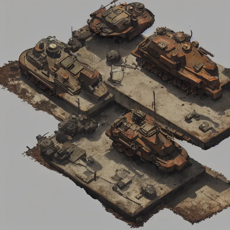 Prompt: 2 d overhead view, digital painted rusted dieselpunk tank virtual tabletop asset sheet, roll 2 0, 2 - minute tabletop, battle map prop, black background, unity asset store, by greg rutkowski, trending on artstation