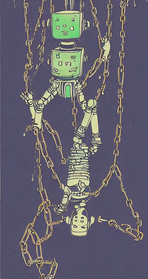 Prompt: a robot hanging by chains upside down peacefully, beautiful Coloured Japanese ink painting inspired by the hanged man tarot card, sharp lines