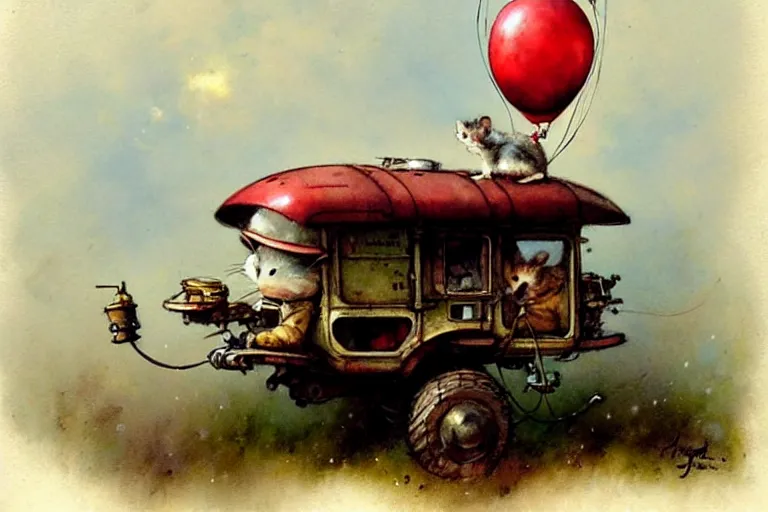 Prompt: adventurer ( ( ( ( ( 1 9 5 0 s retro future robot mouse balloon adventure wagon house. muted colors. ) ) ) ) ) by jean baptiste monge!!!!!!!!!!!!!!!!!!!!!!!!! chrome red