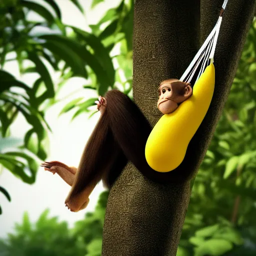 Prompt: minimalist portrait of a monkey laying in a hammock eating a banana, octane render, 8 k render, saturated, vector