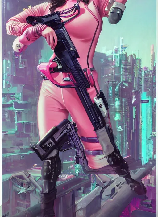 Prompt: beautiful cyberpunk female athlete in pink jumpsuit. lady firing a futuristic red automatic pistol with huge magazine. ad for pistol. cyberpunk poster by james gurney, azamat khairov, and alphonso mucha. artstationhq. gorgeous face. painting with vivid color, cell shading. ( rb 6 s, cyberpunk 2 0 7 7 )