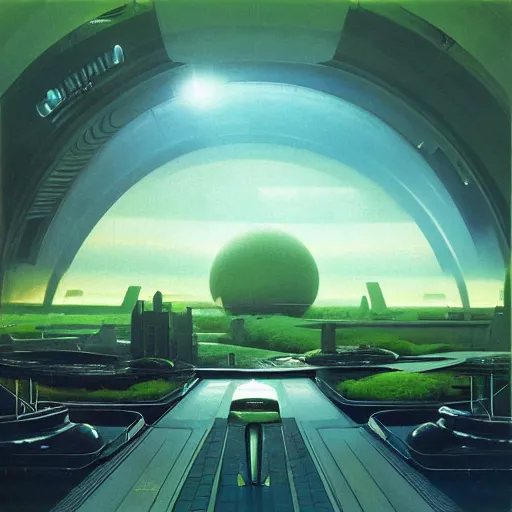 Image similar to beautiful matte painting album cover art of green gardens with roads on a futuristic sci-fi space station, cinematic angle, cinematic lighting, blue sky, by Syd Mead, John Harris, Federico Pelat