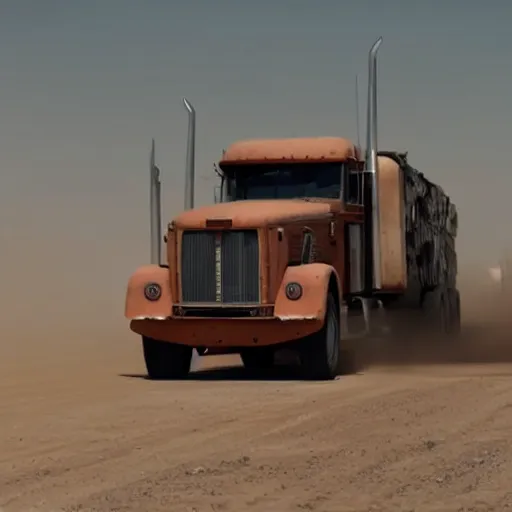 Image similar to t 6 6 0 tractor trailer truck in mad max : fury road, midday light, dust storm,