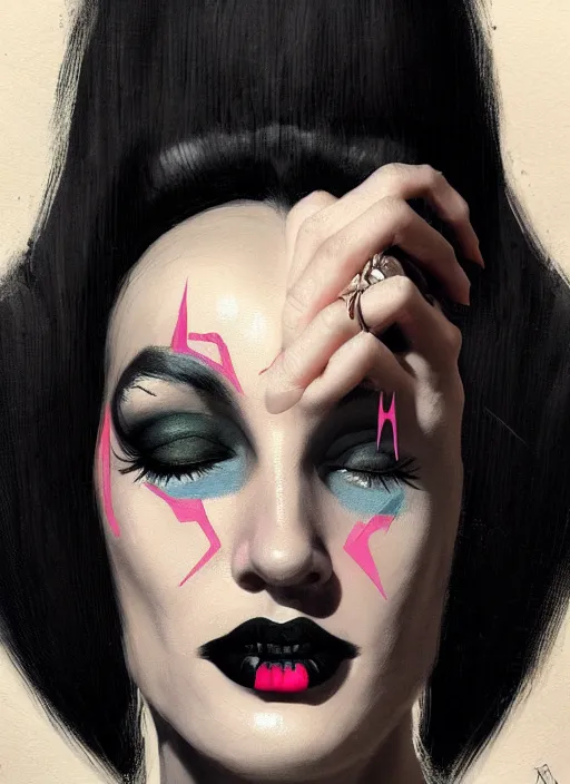 Image similar to portrait of a woman with a crooked nose and a confident expression, 1 9 6 0 s, black clothes, goth, punk, brightly coloured hair, funk, intricate, elegant, highly detailed, digital painting, artstation, concept art, smooth, sharp focus, illustration, art by wlop, mars ravelo and greg rutkowski