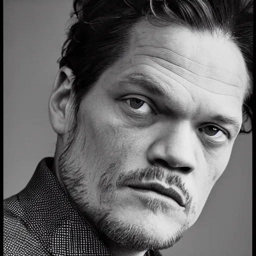 Prompt: chuck close Russian blue Michael Shannon black and white